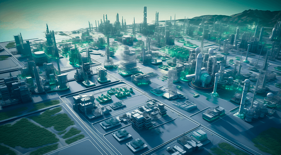EET hero illustration: a futuristic zero-carbon industrial complex beside a winding road at dusk