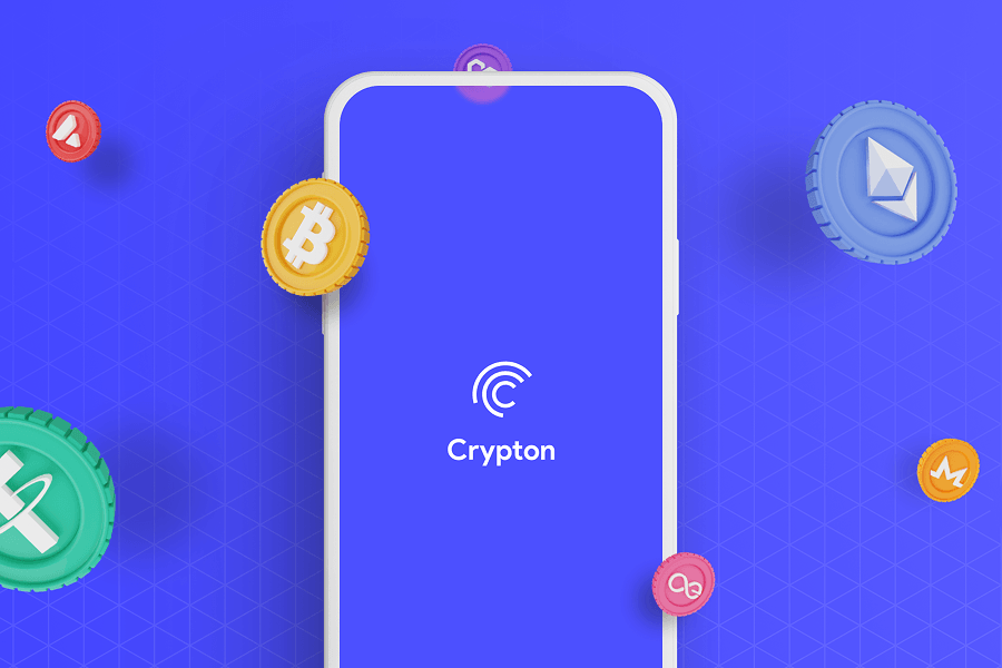 Crypton app artwork: cryptocurrency coins floating around an isometric grid with the app's splash screen on a phone