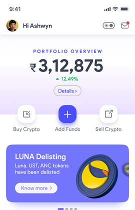 Crypton home screen showing portfolio value, gain/loss and watchlist