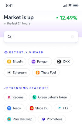 Search screen showing recently viewed and trending cryptocurrencies