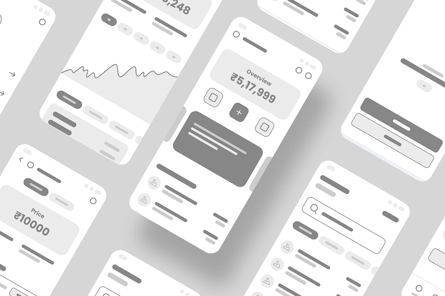 Low-fidelity wireframes for the Crypton app screens